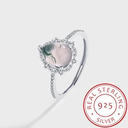 Simple and Elegant Authentic S925 Silver Classic Versatile Natural Stone Texture Non-uniform Green Moss Agate Ring