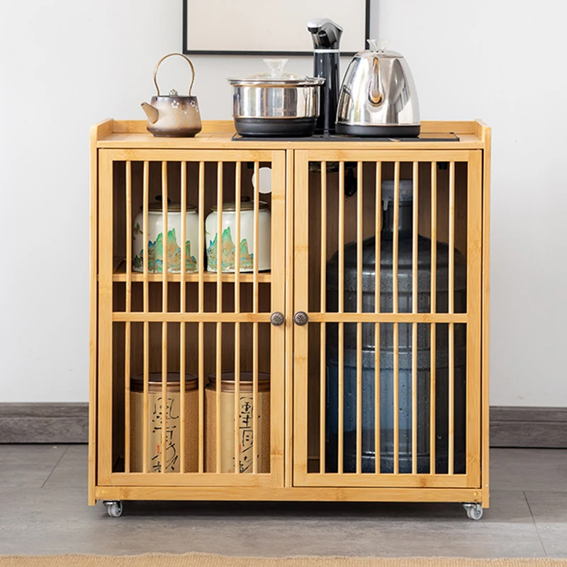 Bamboo Rolling Cabinet Simple Wood Table Home Living Room Cart with Wheels Integrated Water Boiler