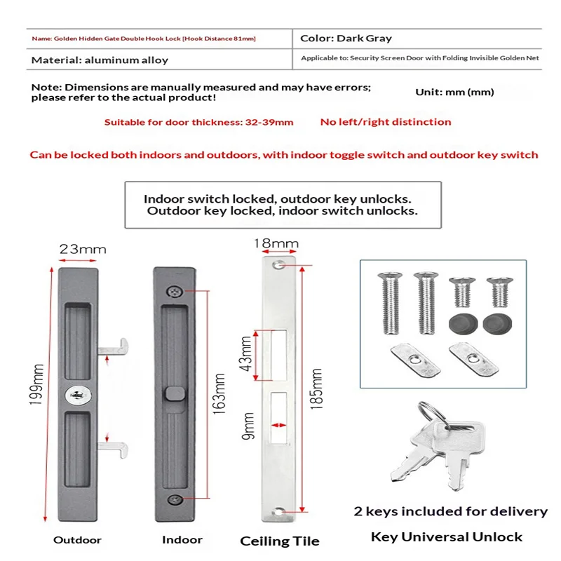 Old-style diamond mesh window screen with key double hook lock aluminum alloy hidden door lock floor-to-ceiling window lock slid
