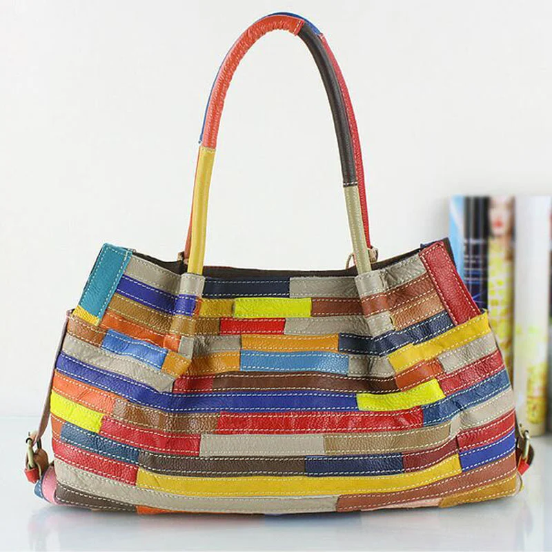 Retro Women Tote Bag Luxury Designer Genuine Leather Ladies Handbag High Quality Large Patchwork Color Handbags 2024 New