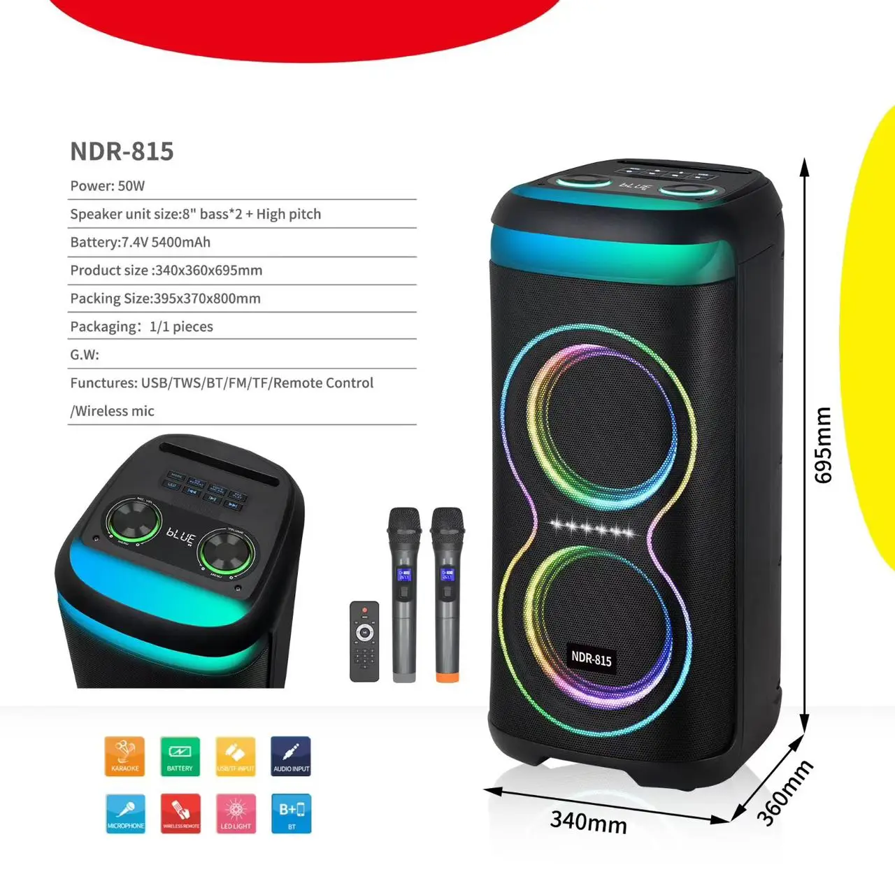 New NDR-815 8 Inch RGB Dual Woofer Powerful Bass Retro Large Battery Middle Speaker Wireless Blue Tooth for Outdoor