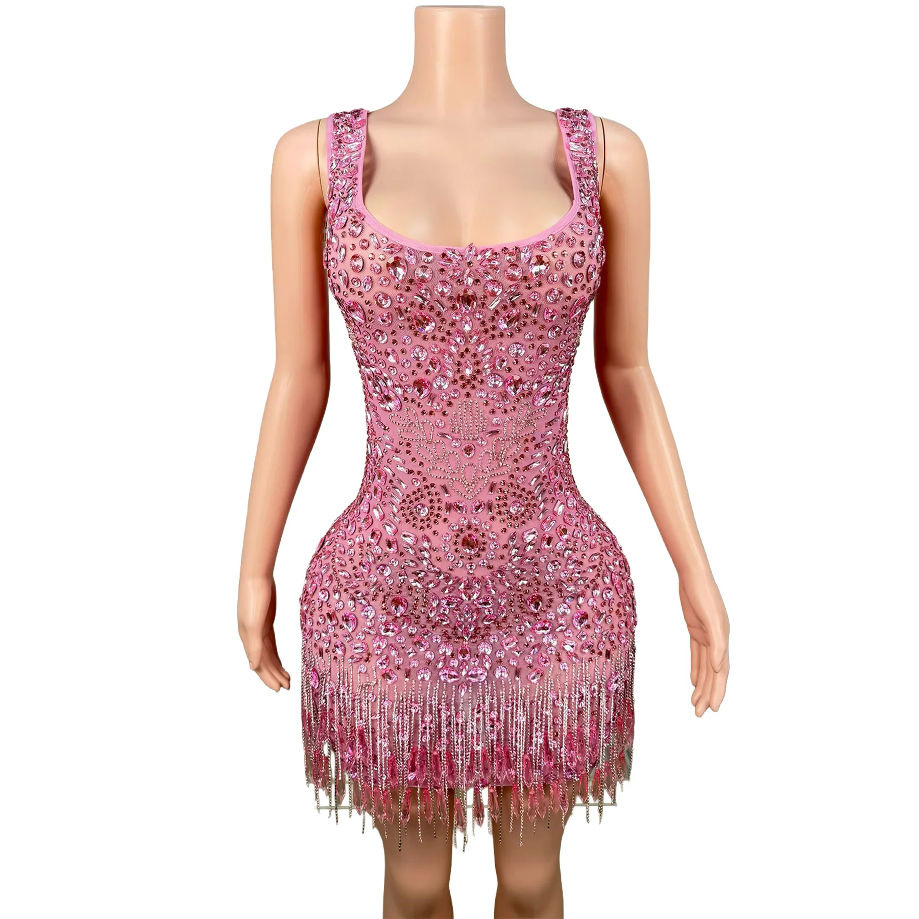 Aixin Glam Pink Gemstone Fringe Short Dress Sleeveless Square Neck Mesh For Latin Dance Competition Wear