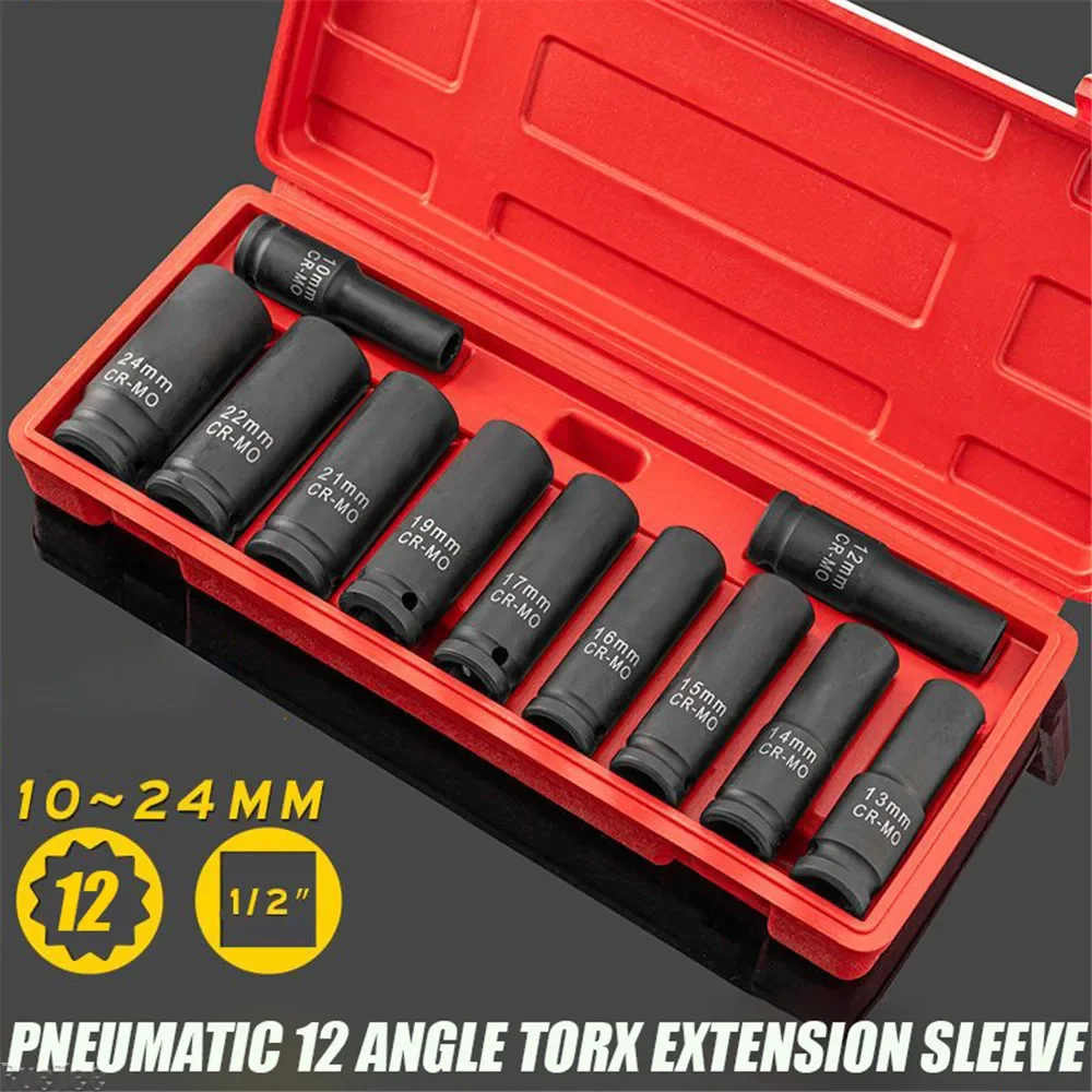 11pcs 1/2 Inch Multifunctional Drive Standard and Deep Impact Socket Set 12-Point for Wrench Electric Pneumatic Tool Kit