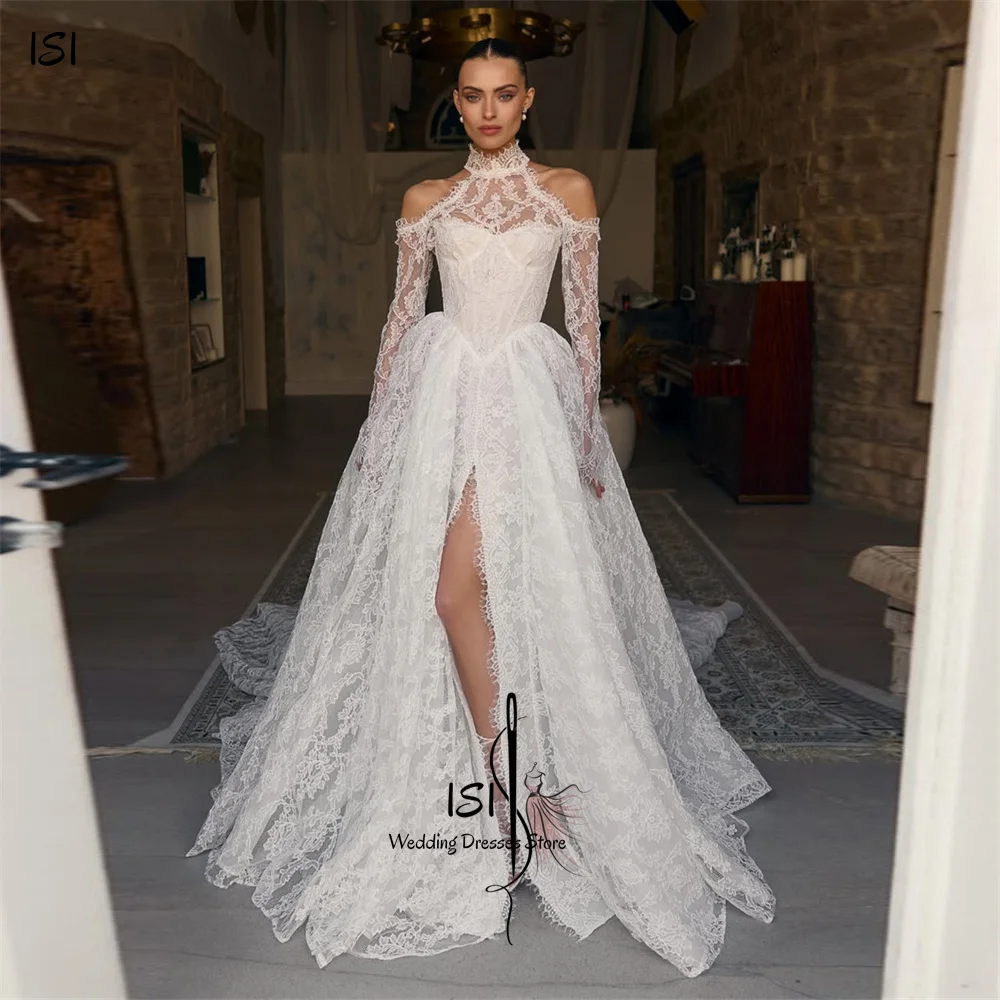 ISI Gorgeous A-line Wedding Dresses For Woman High Neck Full Sleeves Bridal Gown Sexy Side High Slit Customized 2026