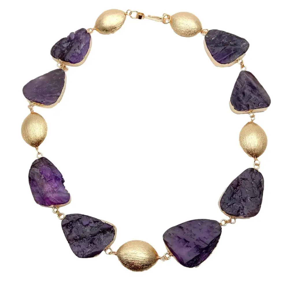 Y·YING  Natural Gemstone Purple Color Necklace Amethyst Rough Gold Plated Brushed Beads Choker Necklaces