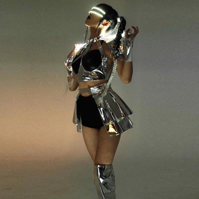 실버 퓨처 센스 재즈 댄스 의상 Kpop 의류 나이트 클럽 바 고고 댄서 무대 의류 파티 축제 레이브 복장 yj289