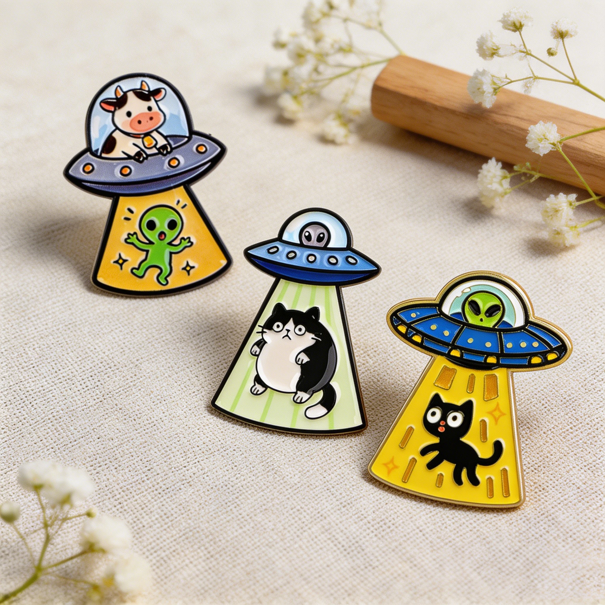 3-teiliges Set Alien UFO Emaille-Pin Lustige Katzen- und Kuh-Broschen Anstecknadeln für Aktentaschen Rucksäcke Accessoires Dekoration Schmuck Geschenke