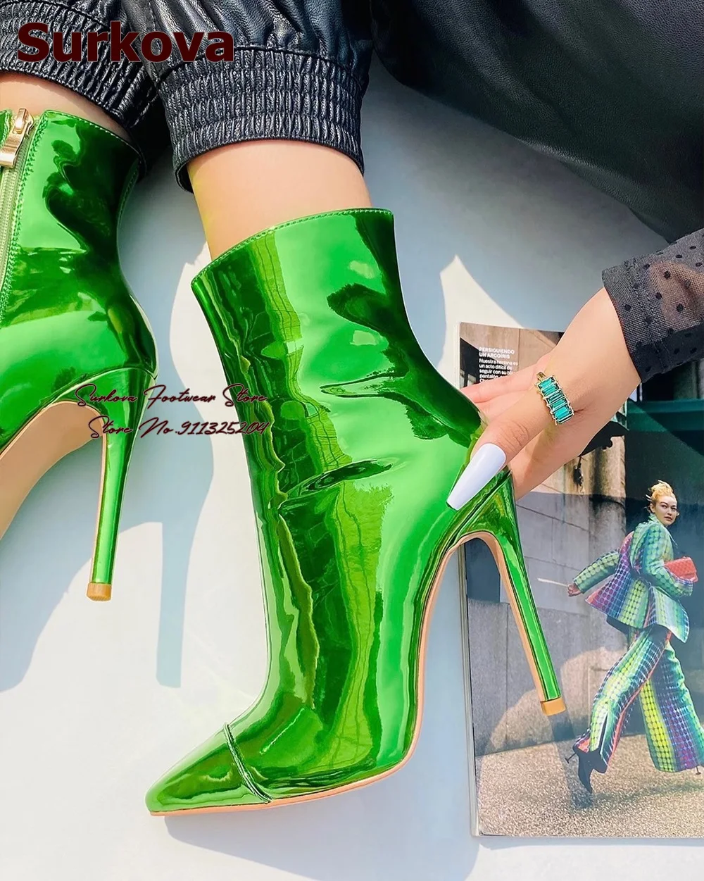 

Surkova Metallic Green Pink Patent Leather Ankle Boots Hologram Iridescent Stiletto Heel Pointed Toe Short Booties Zipped Shoes