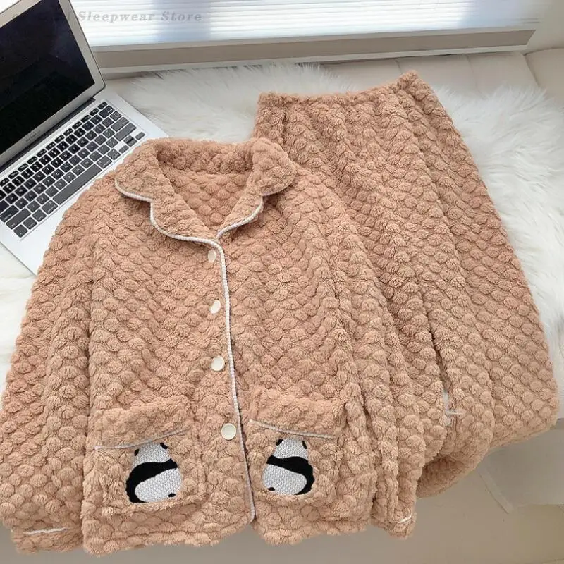 الخريف الشتاء الفانيلا منامة مجموعة النساء ملابس خاصة رشاقته الدافئة طويلة الأكمام بنطلون منامة فضفاضة ملابس منزلية غير رسمية المتسكعون