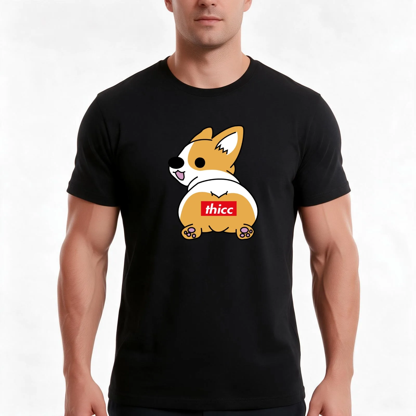 Thicc Corgi Butt T-Shirt, Summer Casual Cotton Tee, Oversized Streetwear Tops, Vintage Graphic Print, Loose Fit Short Sleeve