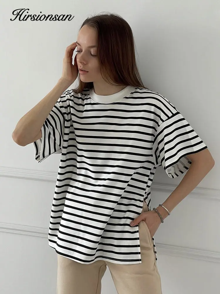 Hirsionsan Summer Oversized 100% Cotton T Shirt Women 2023 New Loose Striped Split Tees Casual Tshirt Basic Female Tops