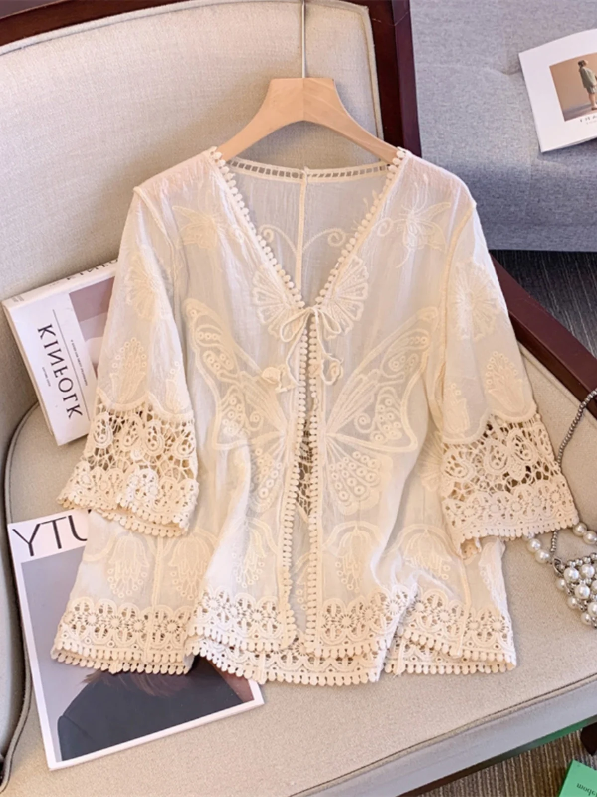 Sweet Hollow out Embroidered Light Weight V-Neck Cardigan Sleeveless Summer Top for plus Size Women Breathable Air Conditioni...
