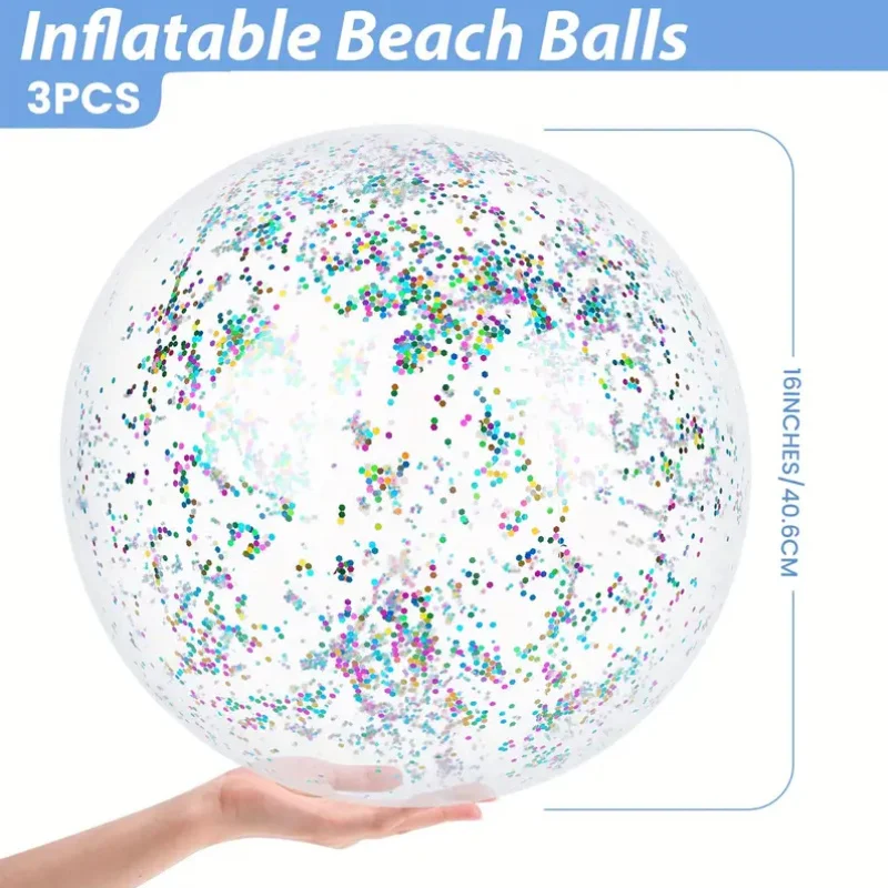 3pcs Glitter Inflatable Beach Ball, 40cm/16inch Transparent Ball, Suitable For Summer Seaside, Pool Party Decorations, Summer