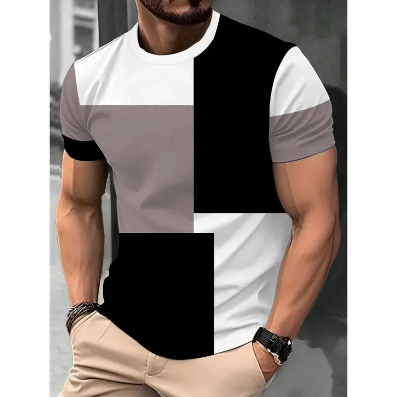 3D Digital Print Men Geometric Color Block Short Sleeve T Shirt Casual Round Neck Daily Wear Tee 2026 Fashion Summer Top