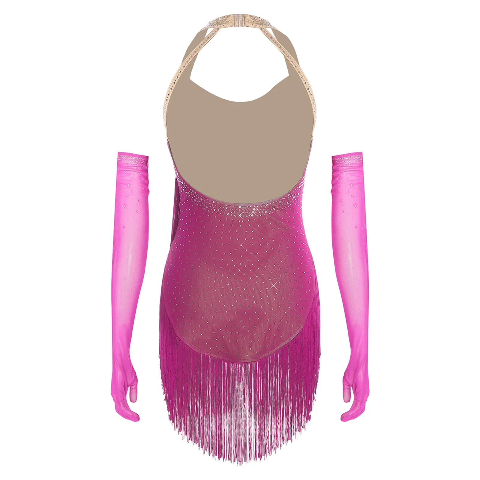 المرأة اللاتينية الرقص حجر الراين شرابة ارتداءها الرسن عارية الذراعين هامش يوتار وقفازات بذلة التانغو الجاز تشا تشا ملابس رقص #4