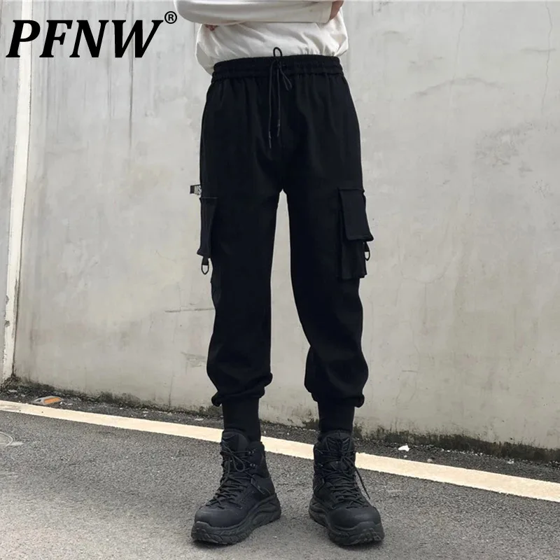 

PFNW Dark Style Men's Pants Drawstring Solid Color Harem Loose Straight Binding Leg Elastic Waist Personality Male Bottom 12C803