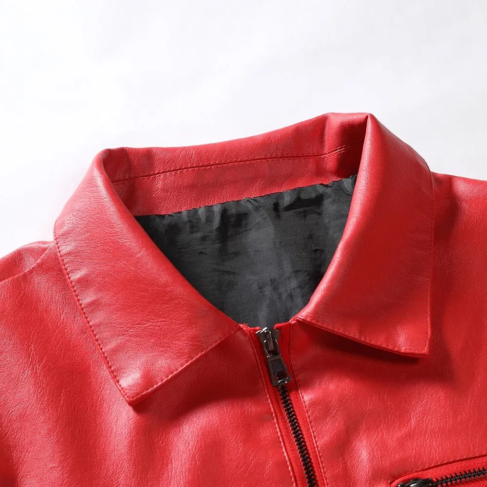 Jaqueta de couro de PU para homens monocromática, gola, zíper, punk, vintage, moda, motociclista, vermelho, preto, outono, 2024