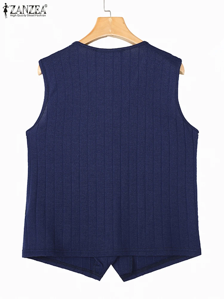 ZANZEA 2024 Summer Ice Silk Knitted Waistcoat French Elegant V-Neck Vest Women\'s New Chic Button Slim Sleeveless Commuting Tops
