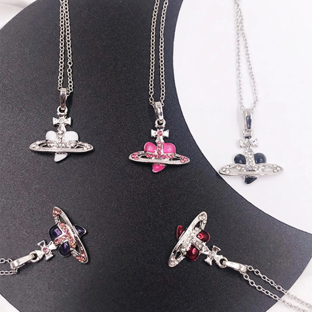 Y2k Fairy Grunge Vintage Crystal Rhinestone Heart Chain Necklaces for Women Luxury Planet Saturn Fashion Coquette Jewelry Gift