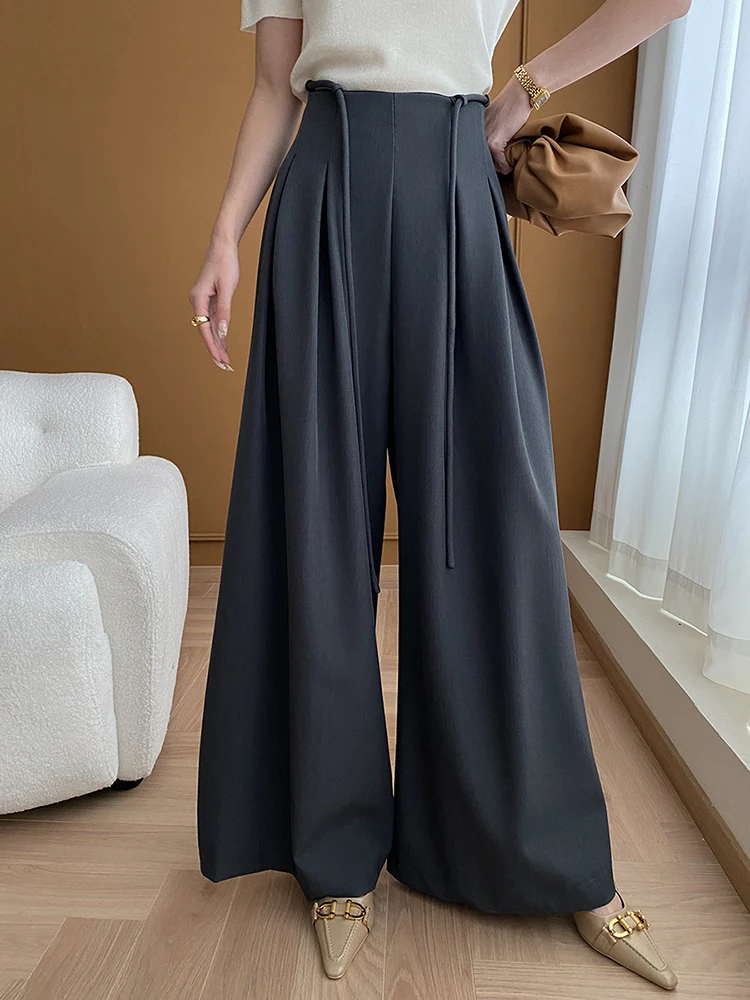 LANMREM-Pantalones plisados de cintura alta para mujer, trajes con cordón, pantalones de pierna ancha, ropa de oficina, Primavera, 2024