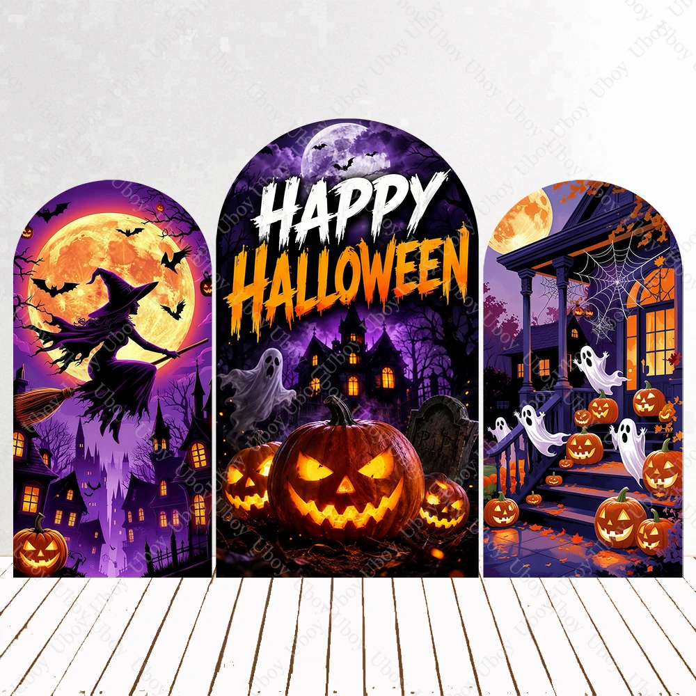 Happy Halloween Day Arch Backdrop Cover Purple Black Horror Night Skull Ghost Pumpkin Background Party Decor Photo Studio kits