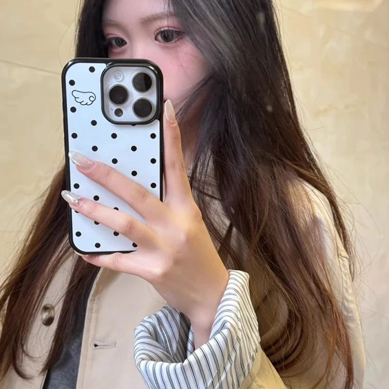 Funda de teléfono coreana INS dulce chica alas de Ángel punto ondulado encantadora para iPhone 16 15 14 13 12 11 Pro Max XR XS MAX 7 8 Plus Y2K