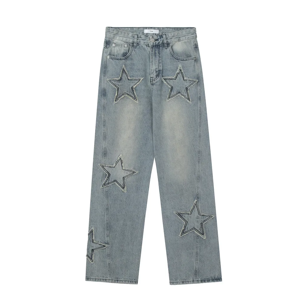 

Embroidery Men Jeans Fashion Casual Stars Design Straight Barrel Y2K Denims Pant Top Quality Pure Cotton Washed Woman Trousers