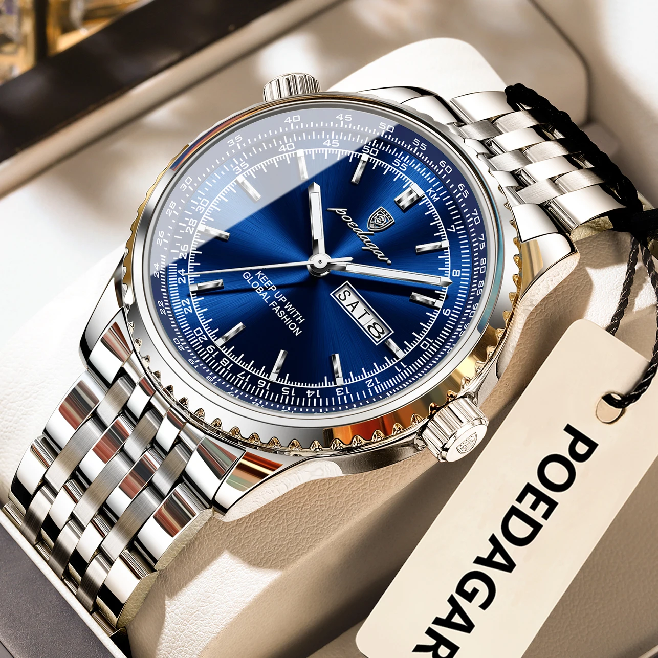 POEDAGAR Luxury Watches For Man Stainless Steel Date Week Quartz Men Clock Waterproof Luminous Fashion Military Men's Wristwatch