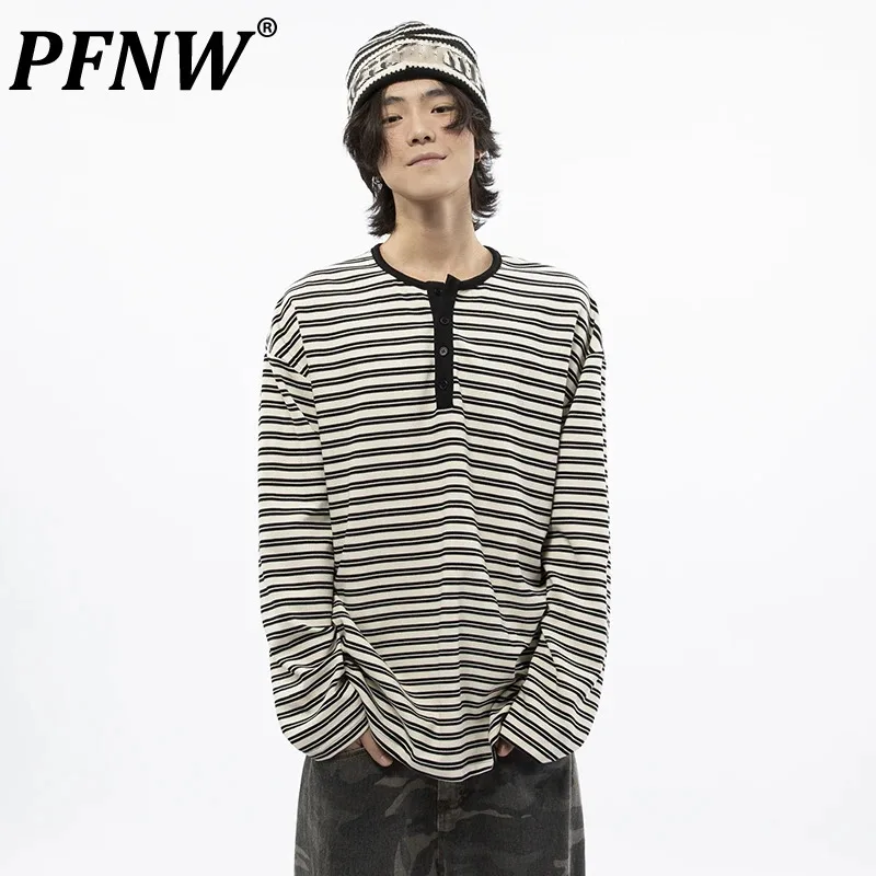 

PFNW Striped Design Male Versatile Casual T-shirt New Trendy Men's Round Neck Long Sleeve Korean Style Tops 2024 Autumn 28W4597