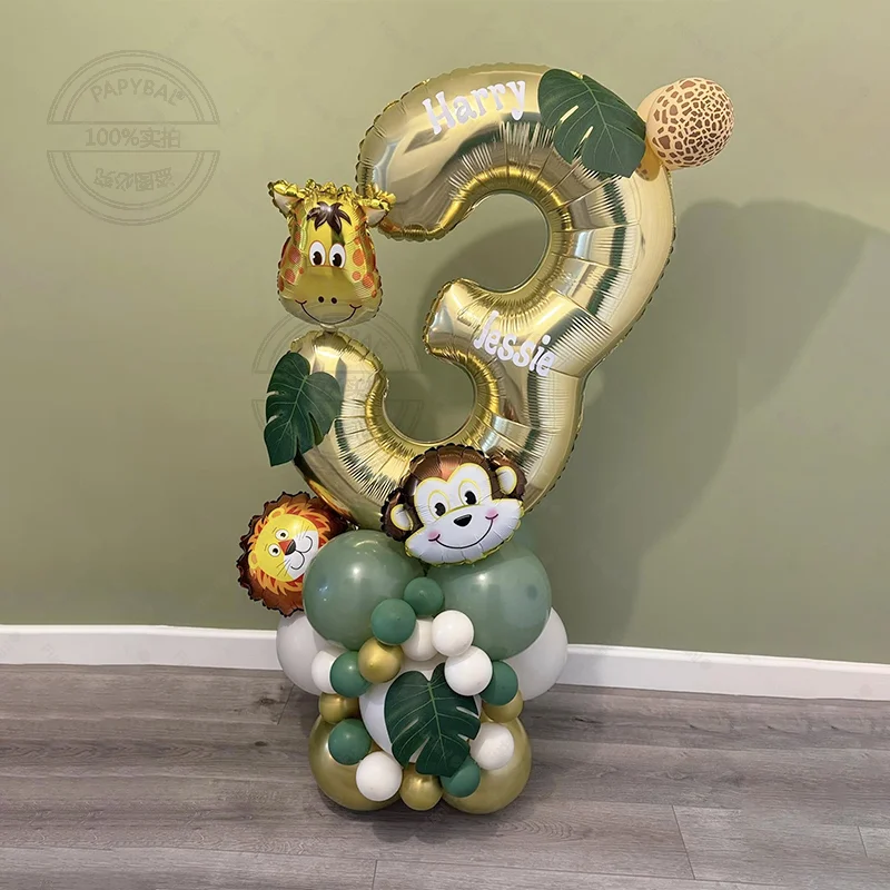 49pcs Wild Animal Balloon Tower with Gold 1-9 Number Balloon for Boy Jungle Safari Birthday Party Decoration Forest Party Supply