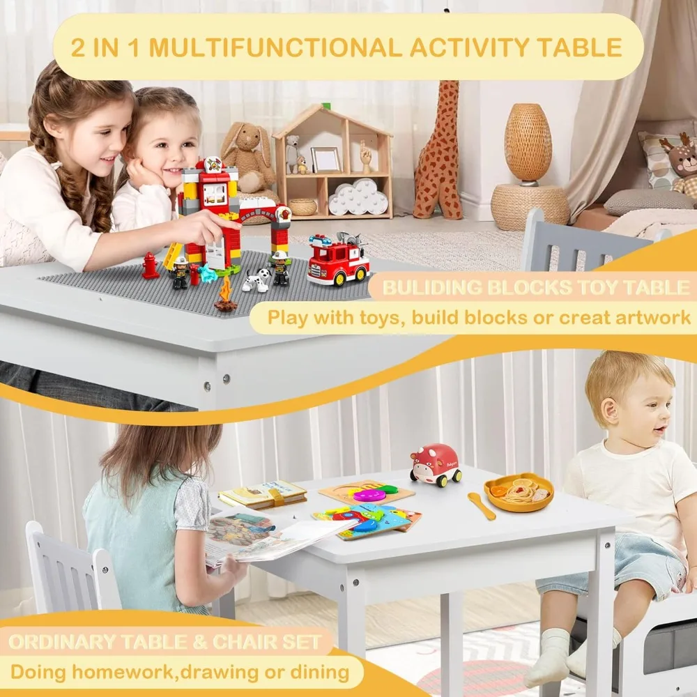 Conjunto de mesa de brincar infantil e 2 cadeiras, mesa de atividades de madeira 2 em 1 com armazenamento, compatível com tijolos Lego e Duplo, construção de brincadeiras