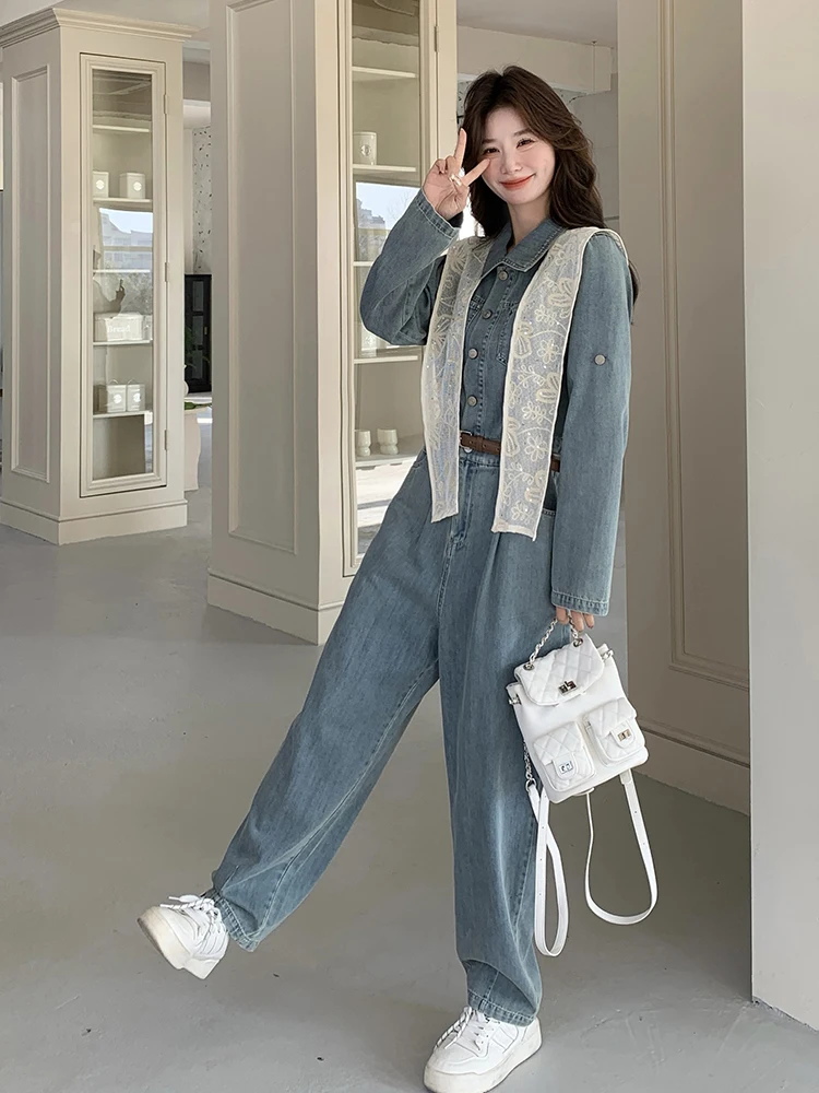 Niebieskie, codzienne spodnie dżinsowe z koronką na ramieniu, jednoczęściowe, damskie, wiosenno-jesienne, nowe, luźne, z szerokimi nogawkami, z wysokim stanem, długie.