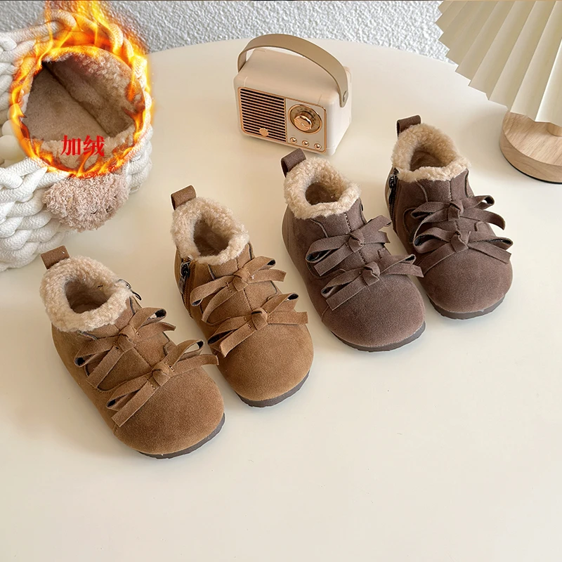 

Toddler Girls' Winter Fuzzy Casual Shoes 2025 New Winter Kids Walking Shoes with Double Bow Soft Sole Retro School Outdoor Play