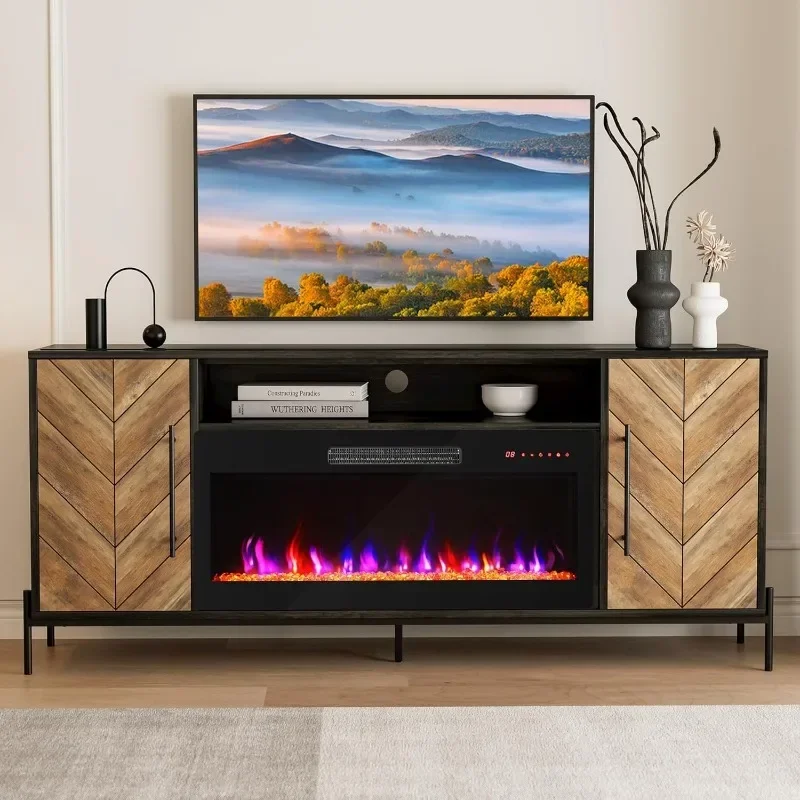 BELLEZE Soporte para TV de 68" con calentador de chimenea eléctrico de 36", centro de entretenimiento con gabinete de almacenamiento