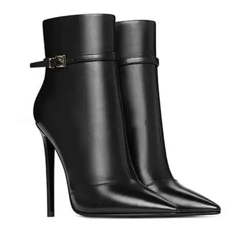 Drop Shipping Black Matte Leather Pointed Toe Small Buckle Stiletto Ankle Boots Women Fashion Thin Heels Modern Short Booties