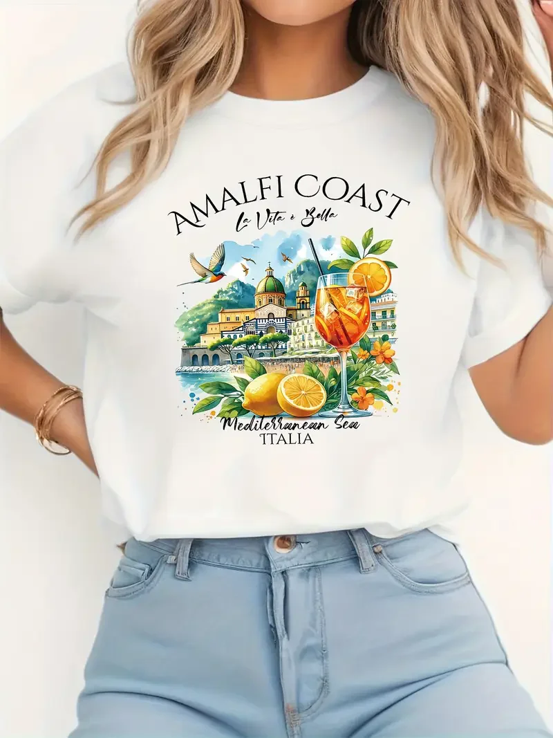 Amalfi Coast Lemon Print Women's Crew Neck T-Shirt  Casual Short Sleeve Letter Print Spring Summer Top Tee T Shirt