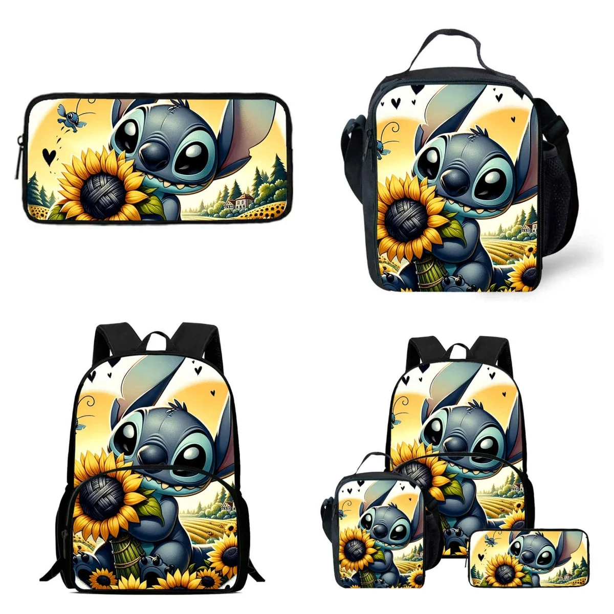 

3Pcs Set School Backpack with Front Pouch ,Lunch Bags,Pencil Bags for Aged 5-10,Cartoon Disney Stitch School Bags for Boy Girl