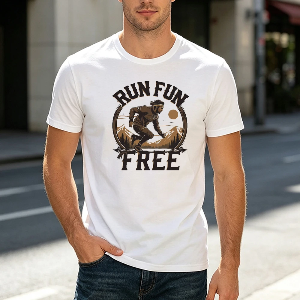Run Fun Free Trail Running Graphic White Tee Outdoor Adventure Men Top Nature Lover Shirt Fitness Motivation T-Shirt