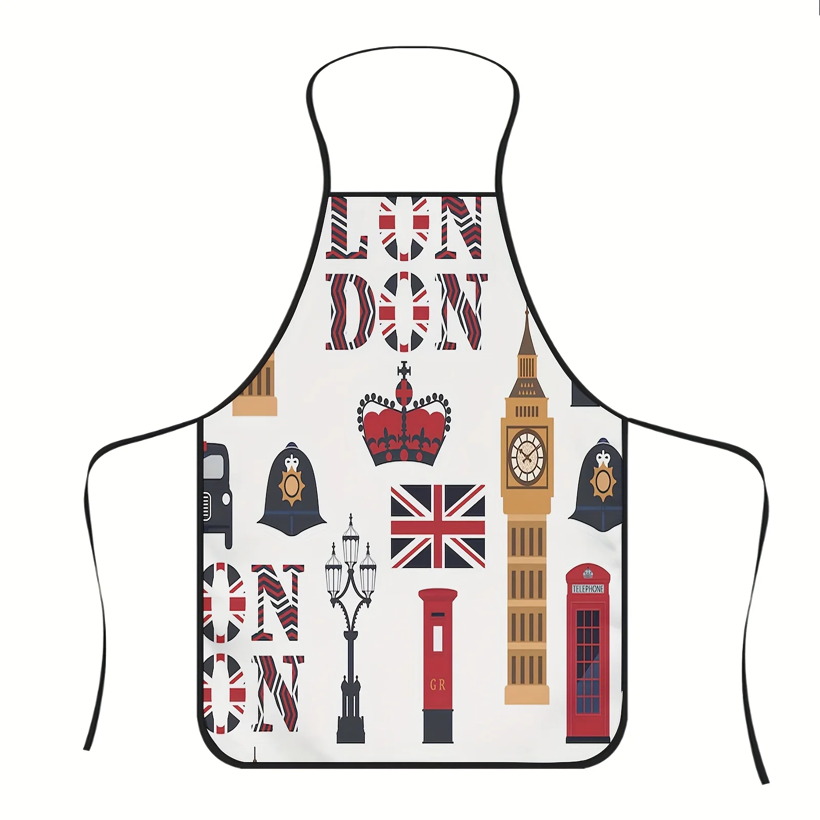 Delantal temático de Londres de 1 pieza con Big Ben, cabina telefónica roja y diseño Union Jack: poliéster duradero, ajuste cómodo