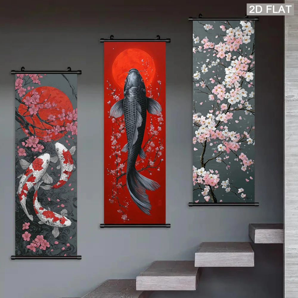 VIKAMA Vertikaler Koi- und Kirschblüten-Wandteppich, schmaler roter Mond, glückverheißender Koi-Wandbehang, Heimdekoration – Detail 3