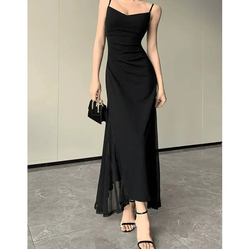 Vestido Casim elegante y Sexy para mujer, vestido negro ajustado con cuello en V y espalda descubierta, Vestidos de noche de fiesta de verano transparentes, vestido sencillo clásico