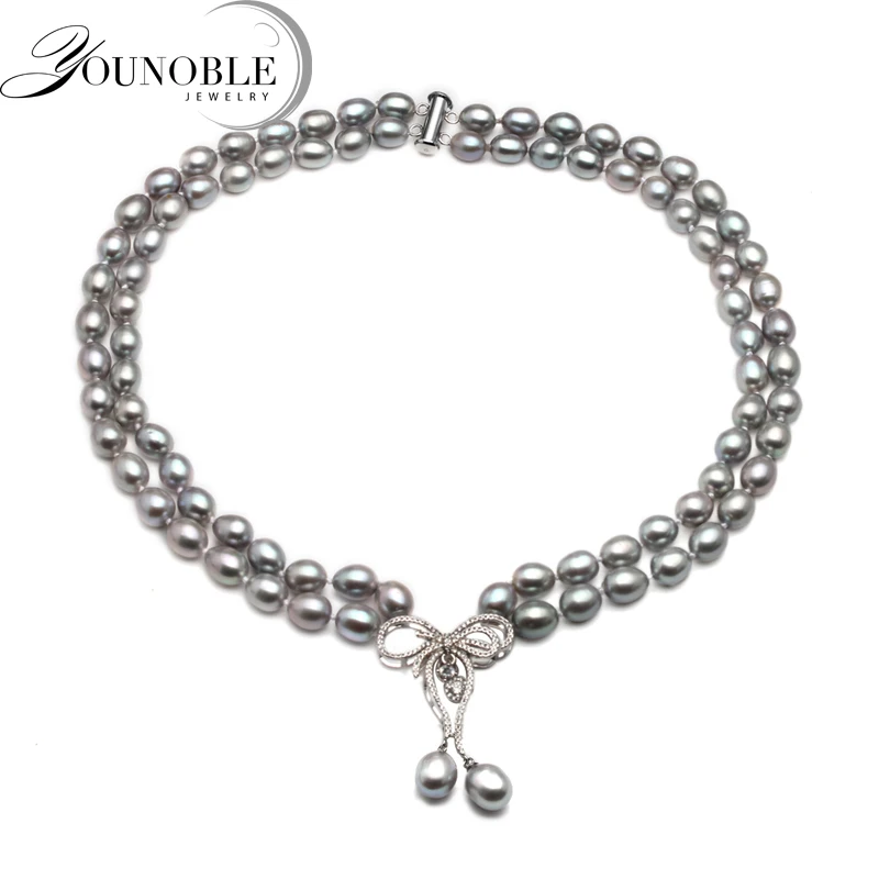 Real Luxury Grey Double Pearl Necklace Women,Freshwater Pearl Necklace Anniversary Gift