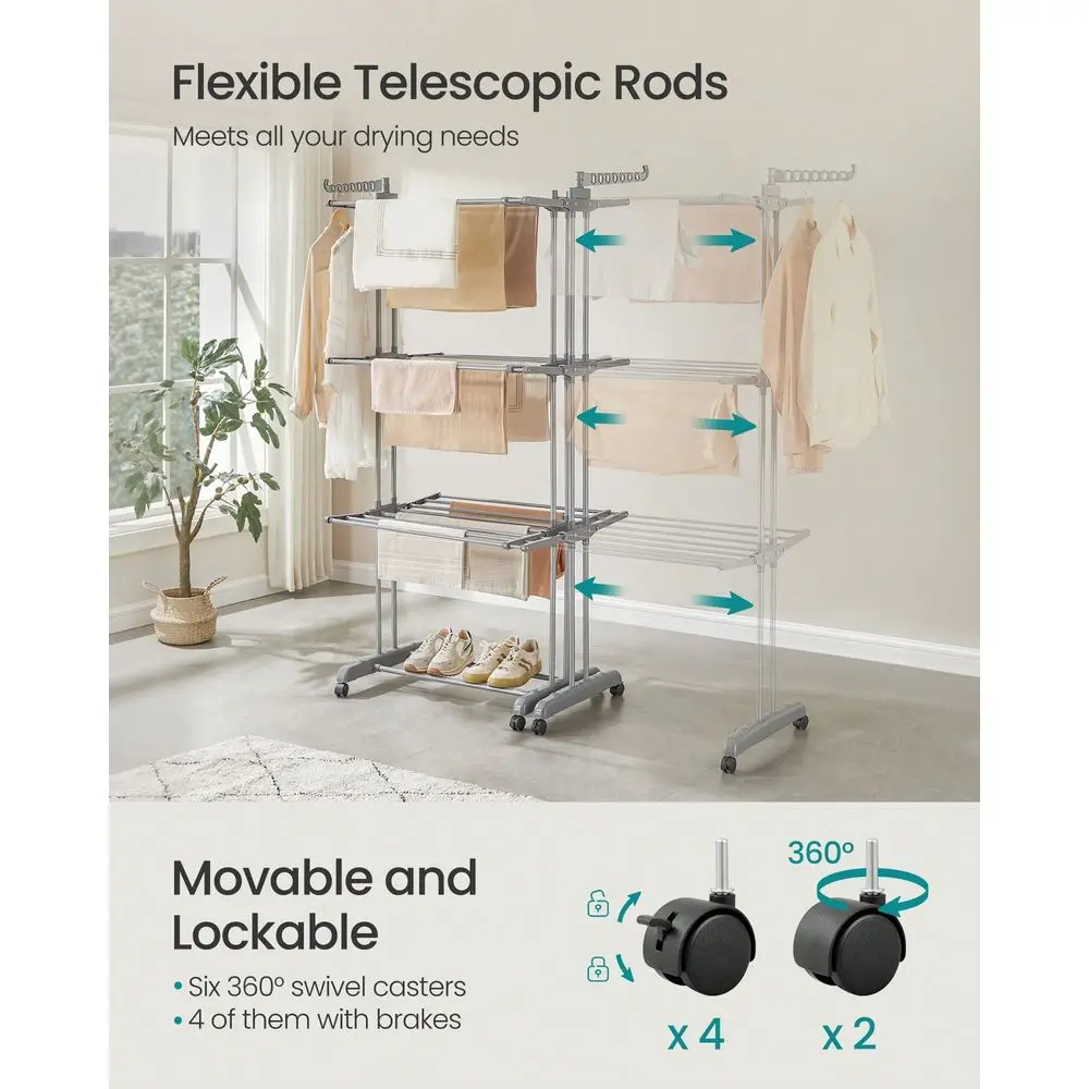 Clothes Drying Rack 4Tier, Foldable Laundry Drying Rack 69.9Inch Tall, Extendable Rods, Stainless Steel, Rolling Clothes Horses