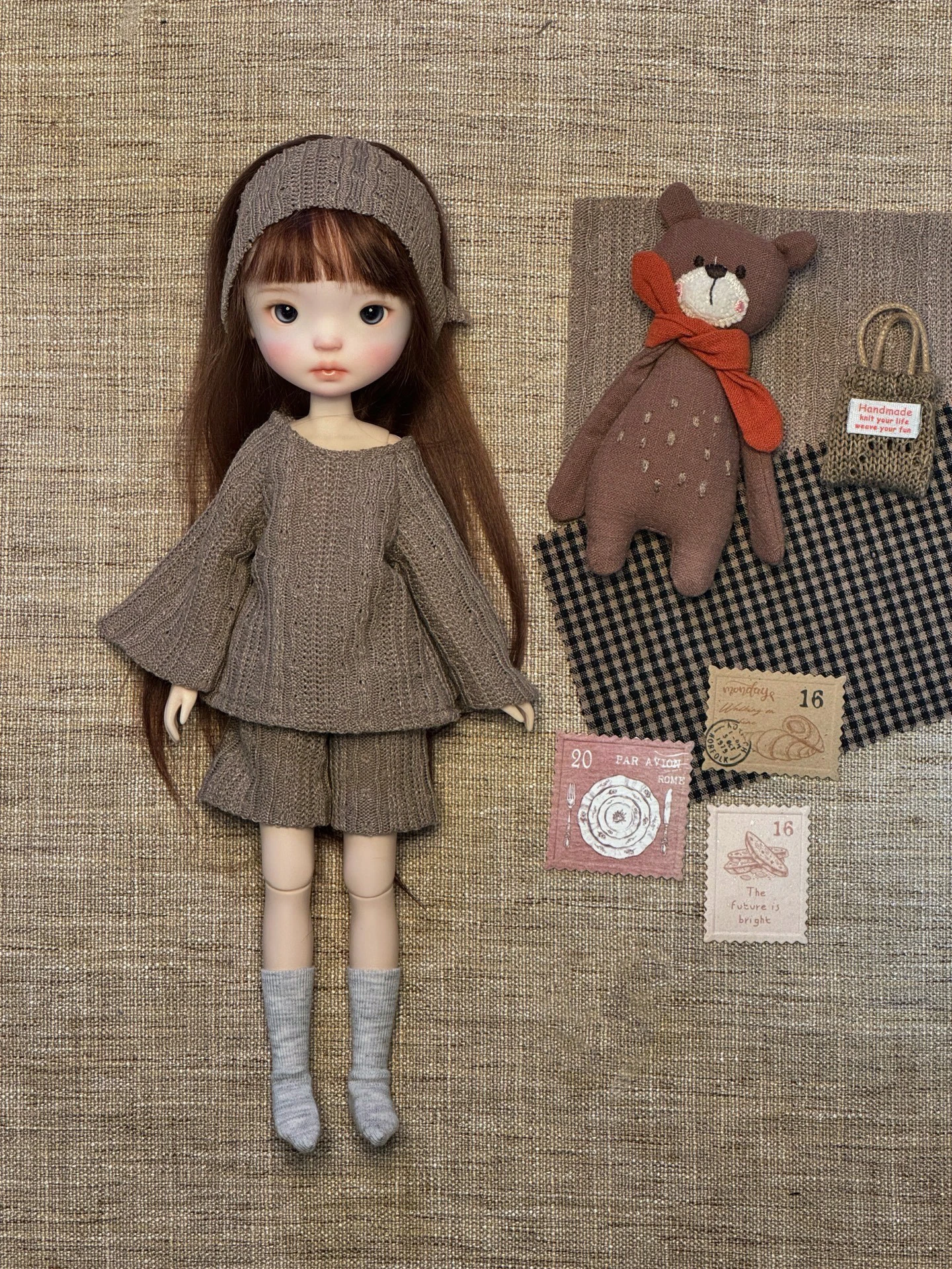 

Kari Doll Одежда и юбки Коричневый простой вязаный комплект из свитера и брюк для куклы Landazz Landoudou