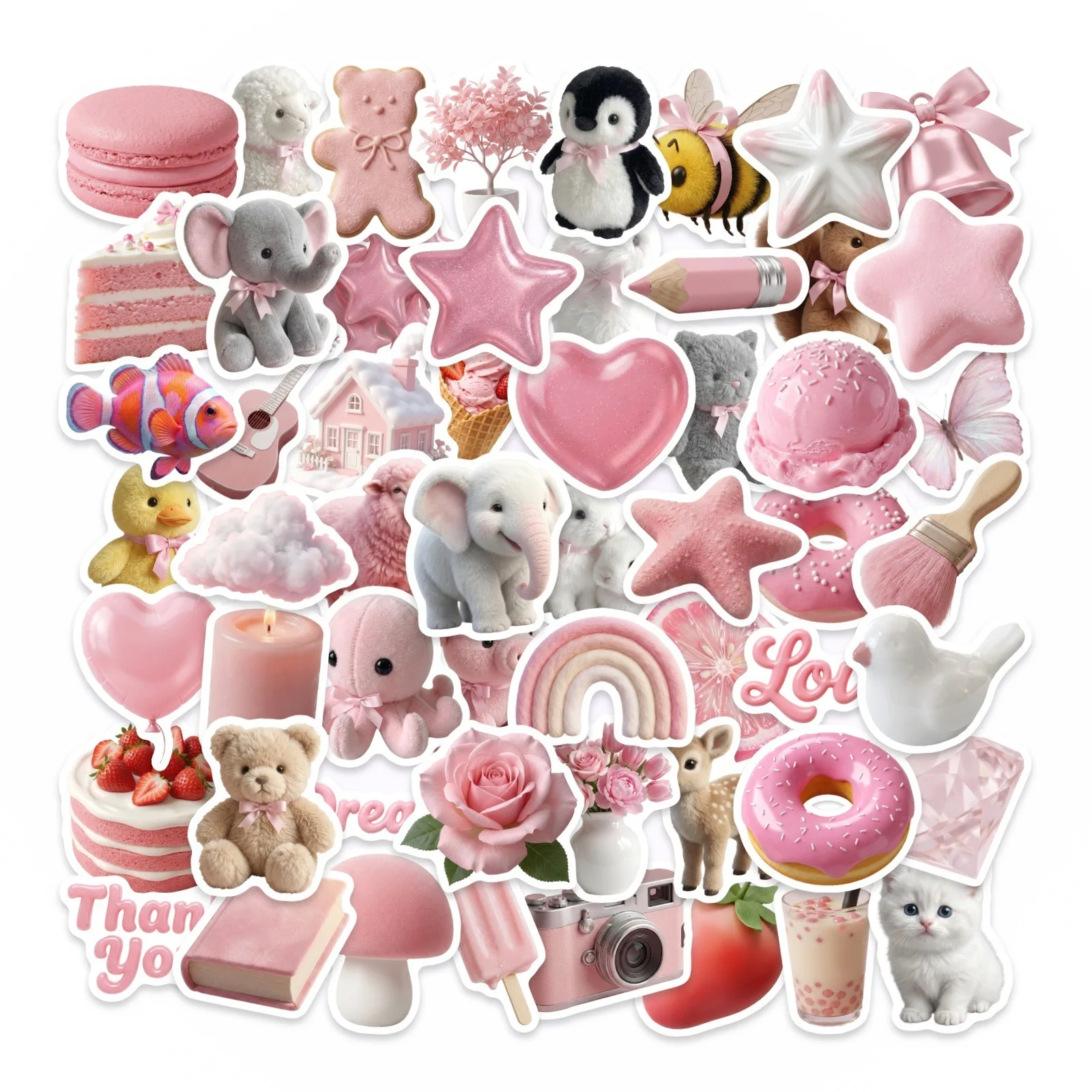 50 Pcs Ins Pink Plush Mix Stickers Set Cute 3D Effect Waterproof Decorate Cup Phone Laptop Suitcase Helmet Decals