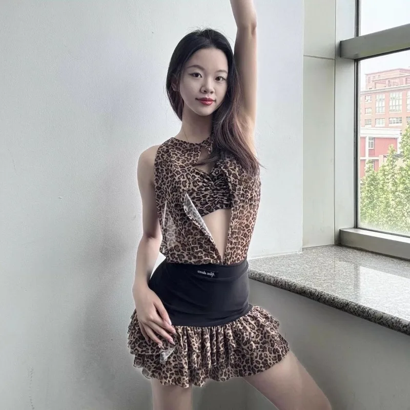 Customized Latin Dance Dress Practice Outfit Performance Suit Leopard Print Suspender Cover Up Half Skirt Samba Cha Cha Salsa
