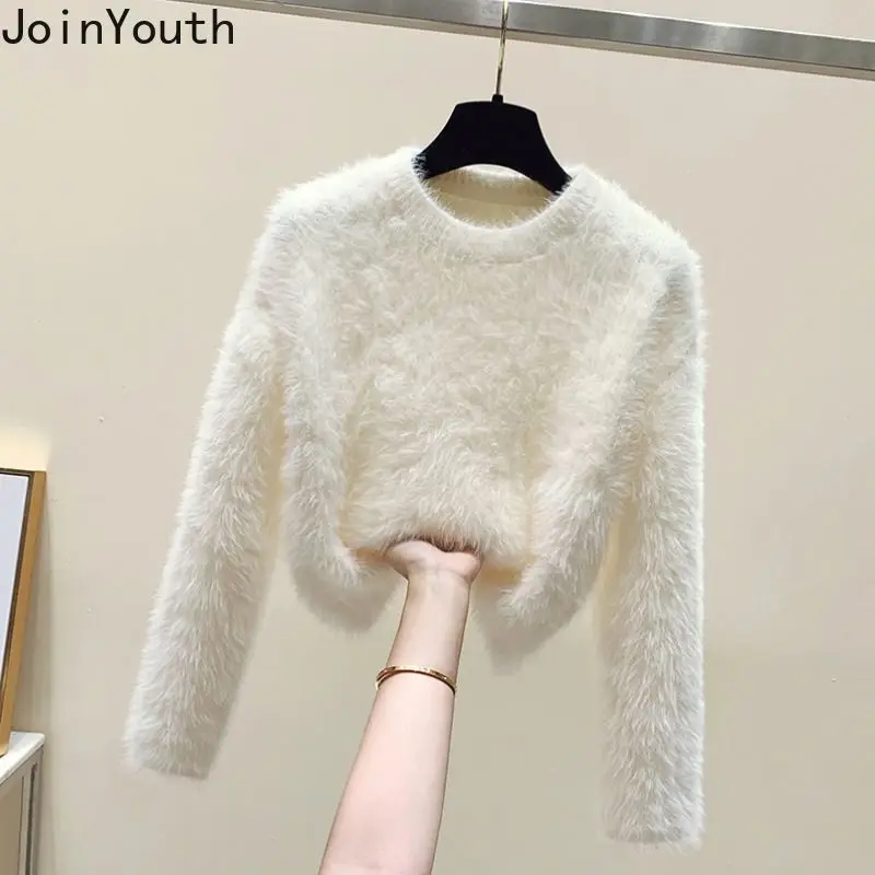 White Cropped Pullovers for Women 2023 Ropa Mujer Long Sleeve O-neck Knitting Sweater Tops Fashion Korean Furry Soft Pull Femme