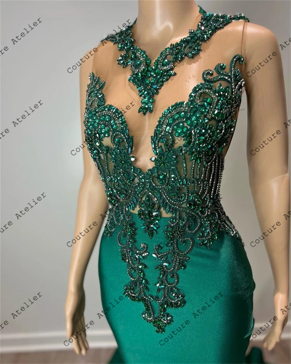 Vintage Green Satin Luxury Beaded Prom Dresses 2024 For Black Girls Mermaid Dress Party Evening Elegant Celebrity Sexy Formal