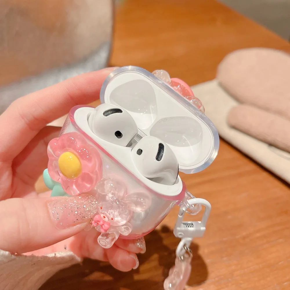 New Cute 3D Bear Flower Earphone Case for AirPods 4 Wireless Charging Box Protective Soft Cover For 2024 AirPods 4 With Keychain