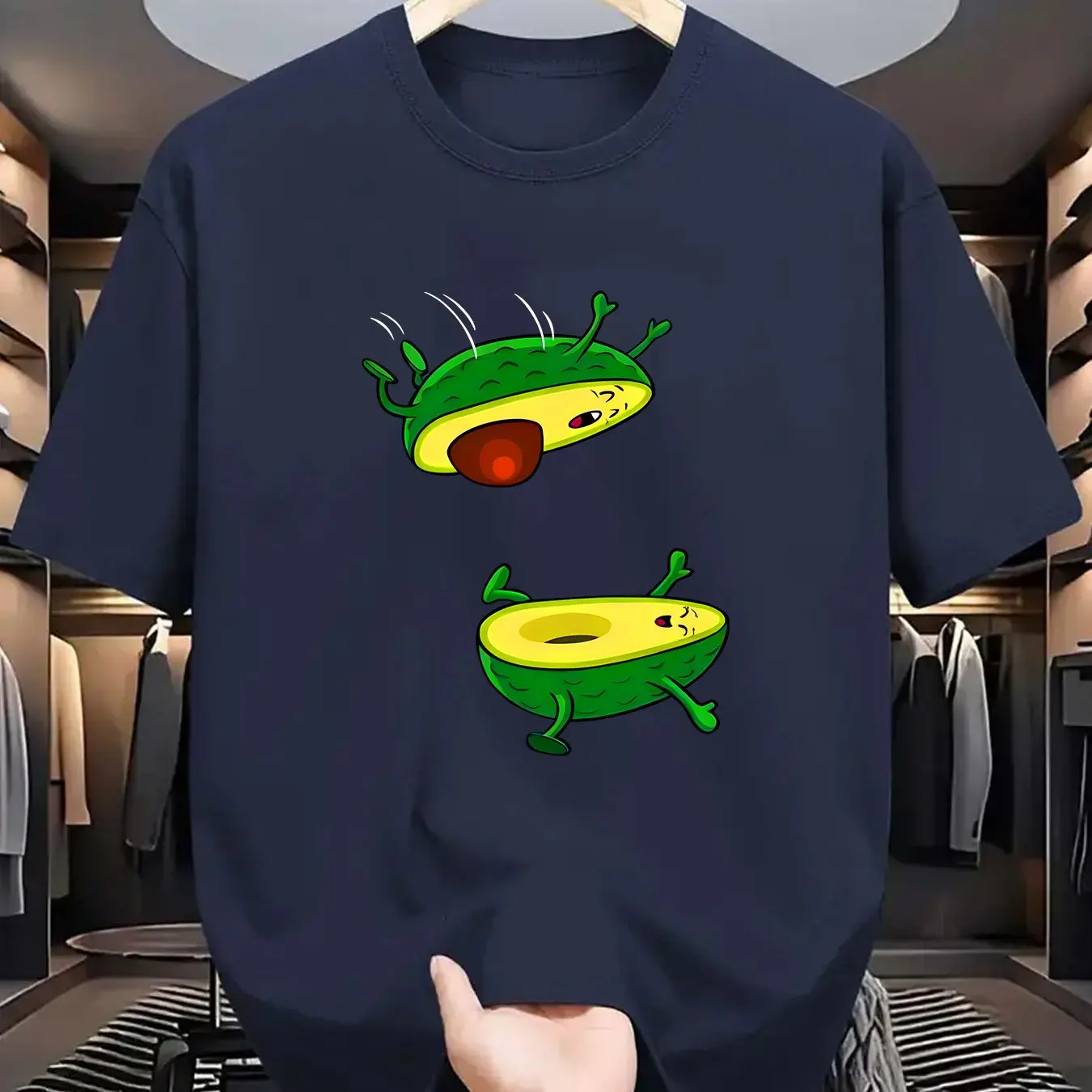 Men Casual Crew Neck T-Shirt with Geometric Avocado Print Slight Stretch Regular Fit Summer Streetwear Tee in Black